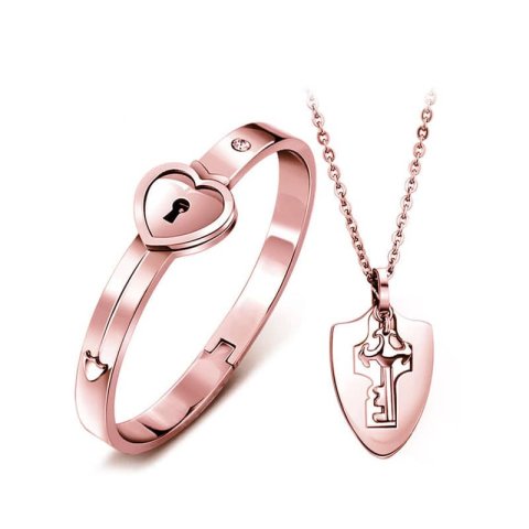 (image for) OuYan Couples Bracelets, Rose Gold Lock & Key Bangle and Pendant Set in Titanium Steel, Knight Shield Key Necklace + Heart Bangle, Matching Jewelry for Him and Her