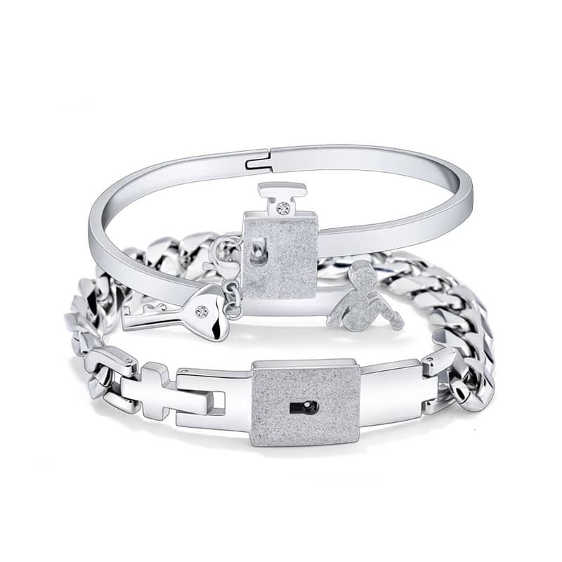 Wholesale Fashion Concentric Lock Couple Interlocking Stainless Steel Bangle  Love Lock And Key Matching Couple Charm Bracelet jewelry From m.