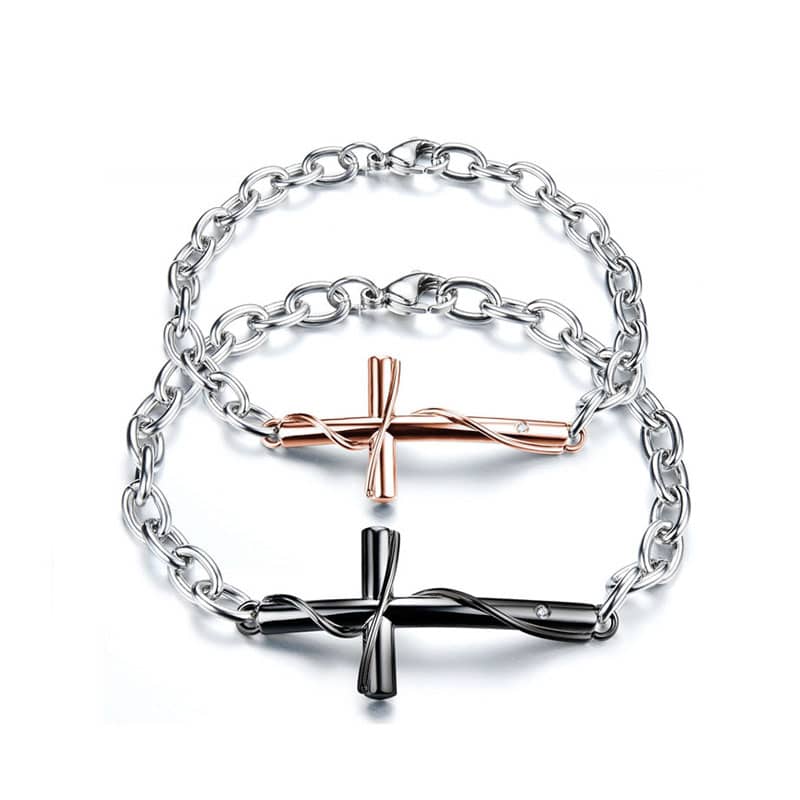 (image for) Teamo His and Hers Bracelets, Rose Gold / Black Cross Bracelets with CZ Diamond, Unique Wrap Cross Bracelet in Titanium Steel, Matching Couple Jewelry Set