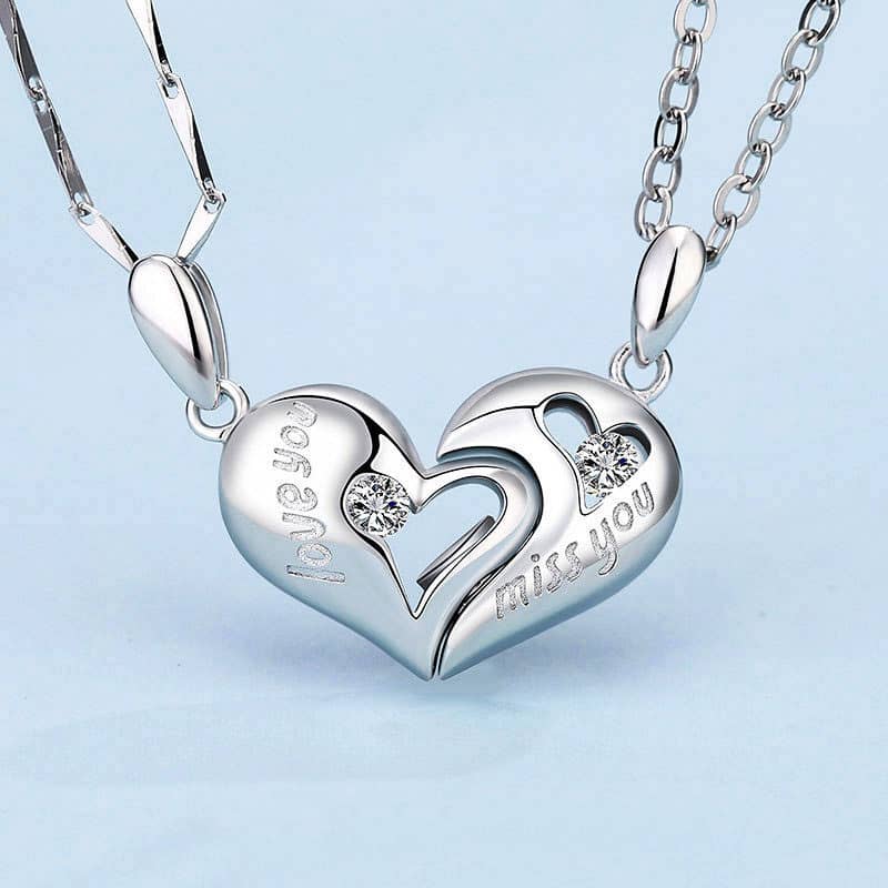 Love You & Miss You Matching Heart To Heart Necklaces With CZ Diamonds ...