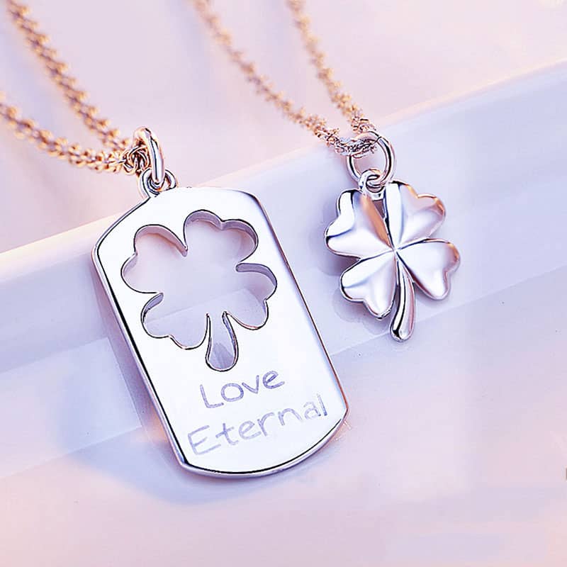 Sterling Silver Necklace with Four Leaf Clover Pendant and Engraving