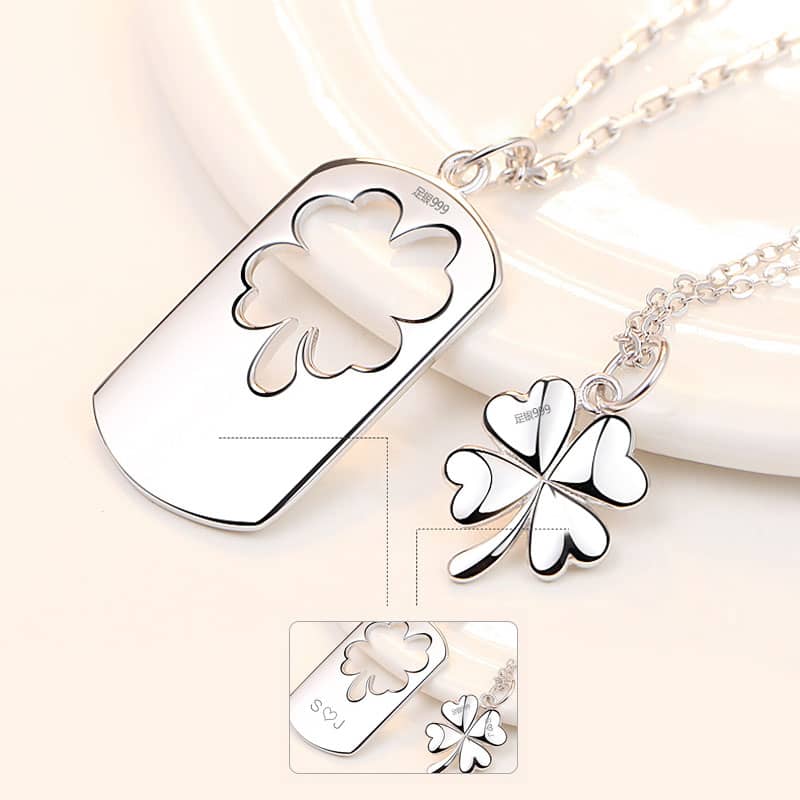 Sterling Silver Necklace with Four Leaf Clover Pendant and Engraving