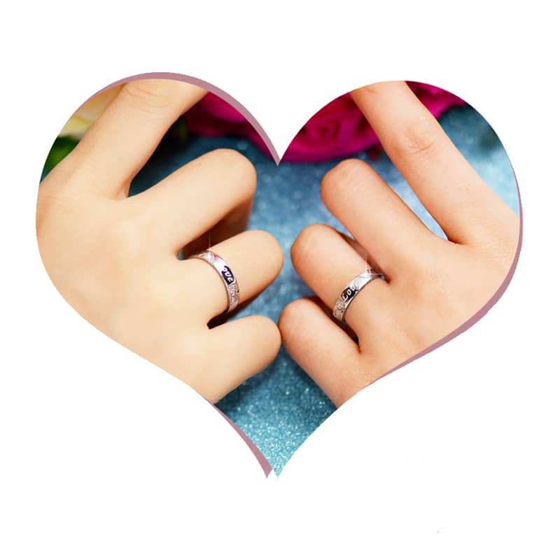 (image for) Sterling Silver Heart Love Engraved Matching Couple Rings Set With CZ Diamonds